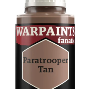 The Army Painter Warpaints Fanatic acrylic paint in Paratrooper Tan 18ml bottle, showing the label and paint inside the glass container.