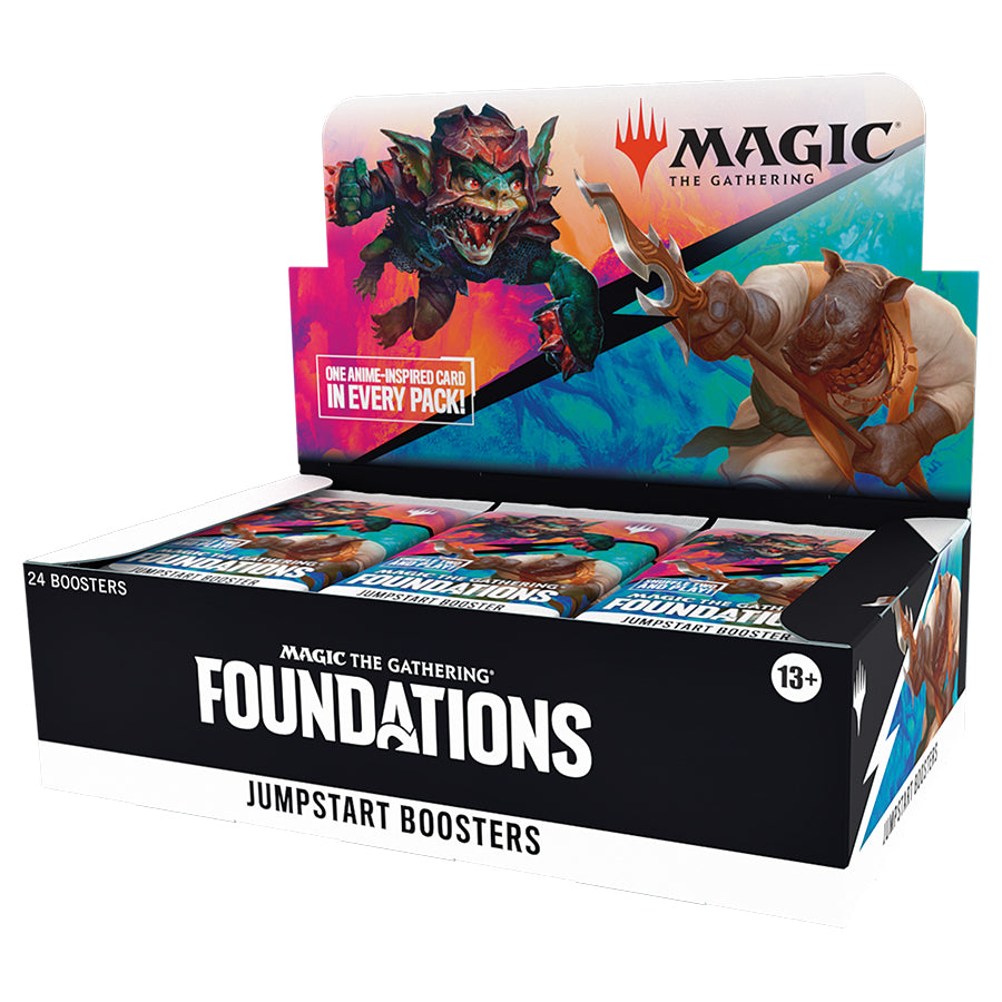 Full box of MTG Foundations Jumpstart Booster packs by Wizards of the Coast with colorful card artwork and packaging.