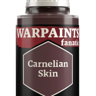 The Army Painter Warpaints Fanatic acrylic paint in Carnelian Skin, 18ml bottle, with vibrant orange-red hue and label visible.