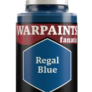 The Army Painter Warpaints Fanatic acrylic paint in Regal Blue, 18ml bottle, with vibrant blue color and label visible.