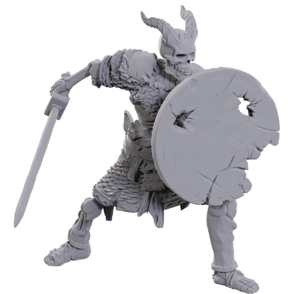 Unpainted W23 Tiefling Skeleton miniature from Wizkids' D&D Nolzur's Marvelous Unpainted Miniatures collection, showing detailed sculpting.