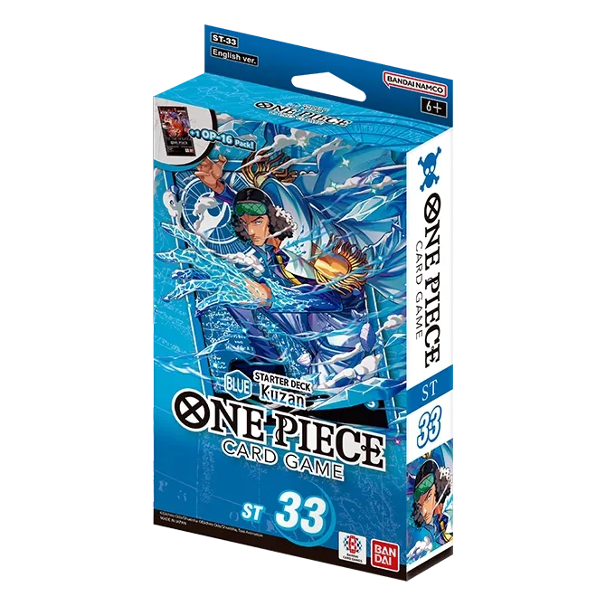Bandai One Piece Starter Deck 33 Blue Kuzan trading cards spread featuring character artwork and card designs.