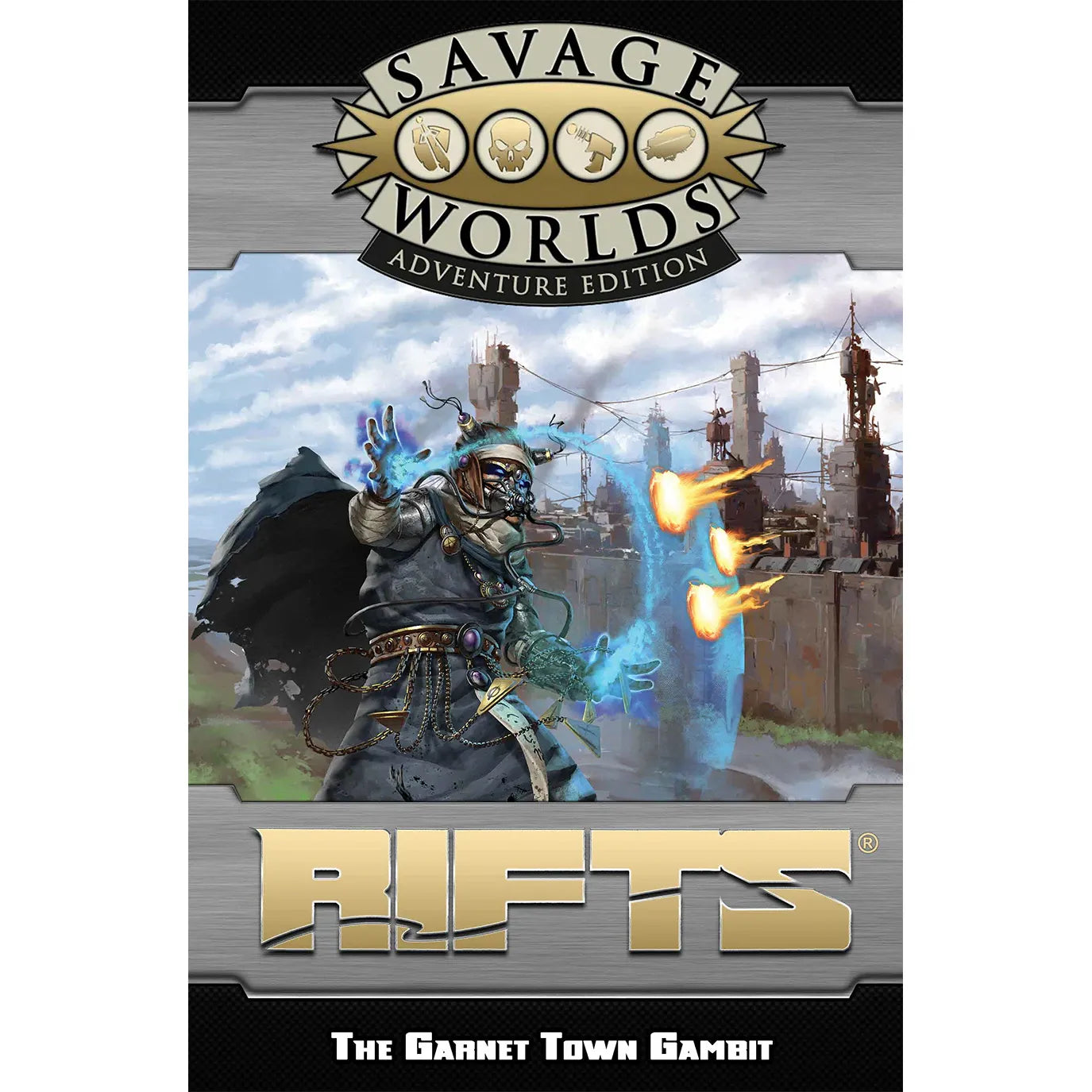 Savage Rifts GM Screen and Garnet Town Gambit RPG adventure book by Studio 2 Publishing, featuring colorful cover art and game details.