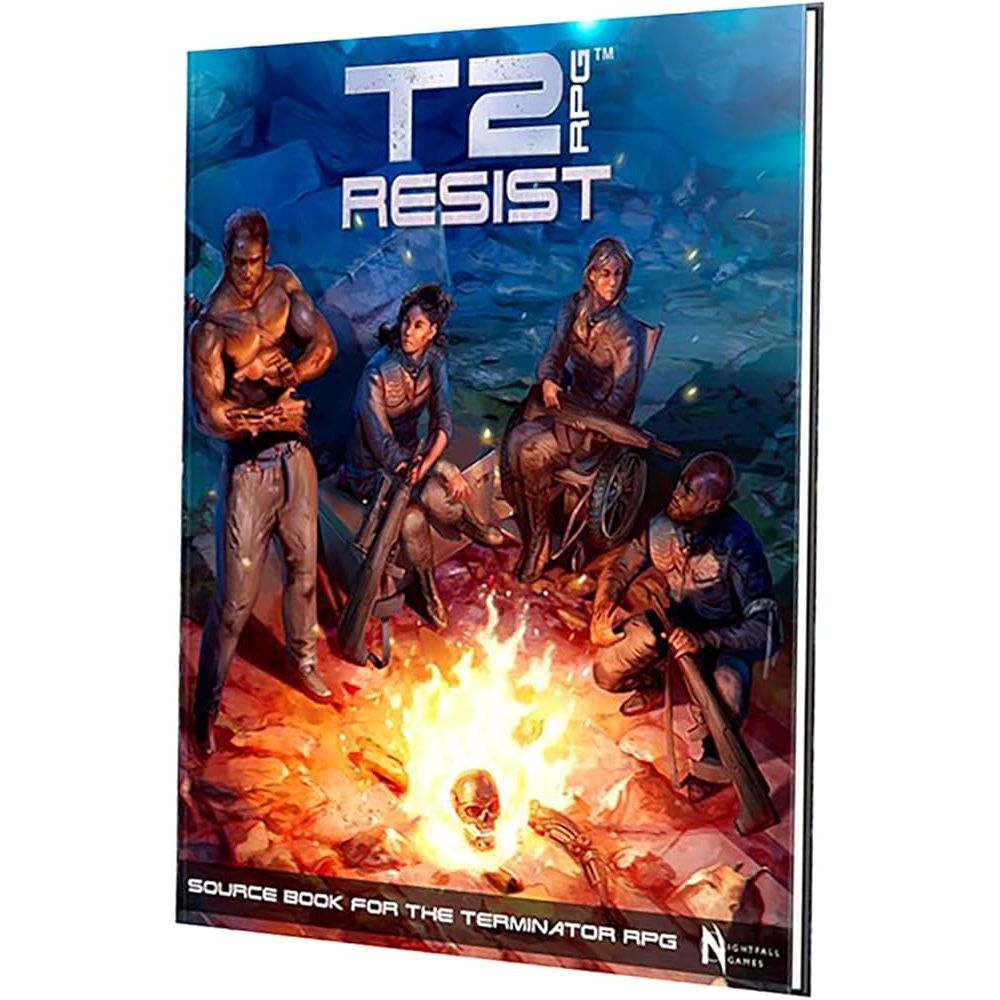 The Terminator RPG T2 Resist book by Nightfall Games, featuring cover art of a Terminator robot and futuristic scenes.