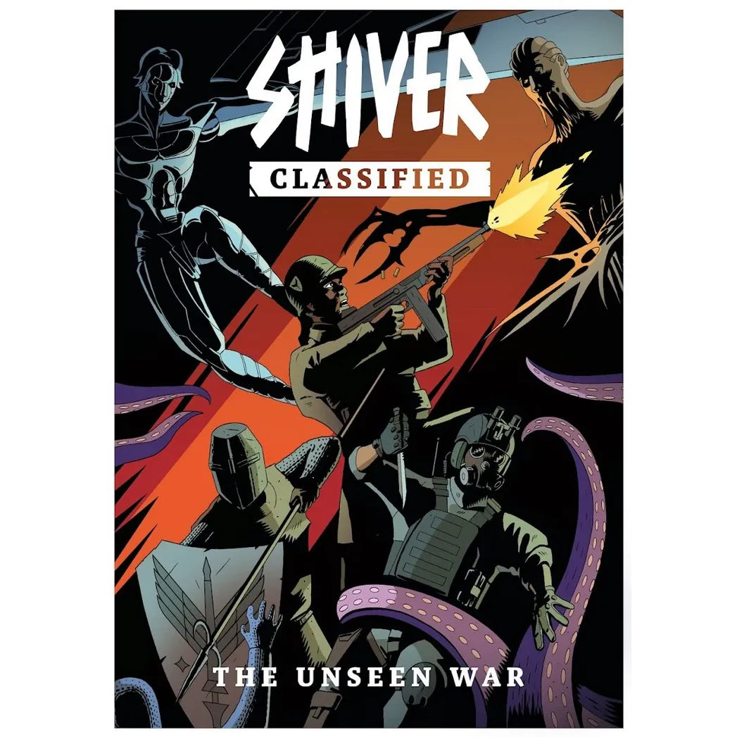 Cover image of "SHIVER Classified: The Unseen War" RPG book by Studio 2 Publishing, featuring dark, intense artwork.