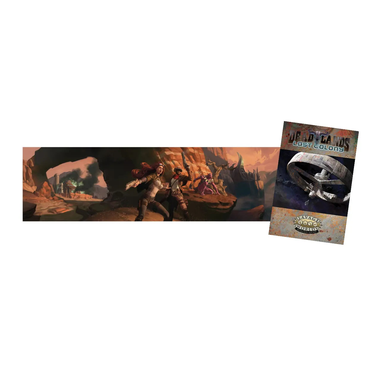 Deadlands Lost Colony GM Screen and Widowmaker Adventure book for SWADE RPG, featuring colorful game art and rule references.