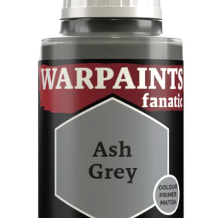 The Army Painter Warpaints Fanatic acrylic paint in Ash Grey, 18ml bottle, with color swatch and label visible.