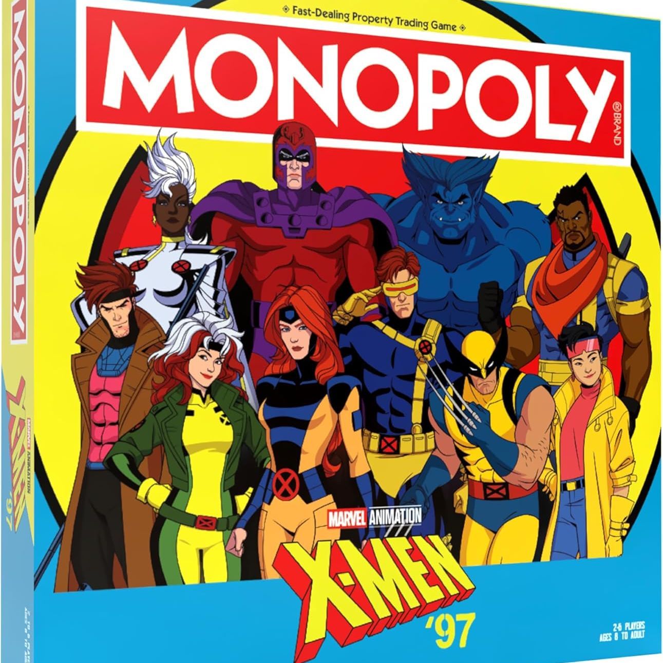 X-Men '97 Monopoly game by USAopoly showing game board with X-Men themed artwork and collectible game pieces.