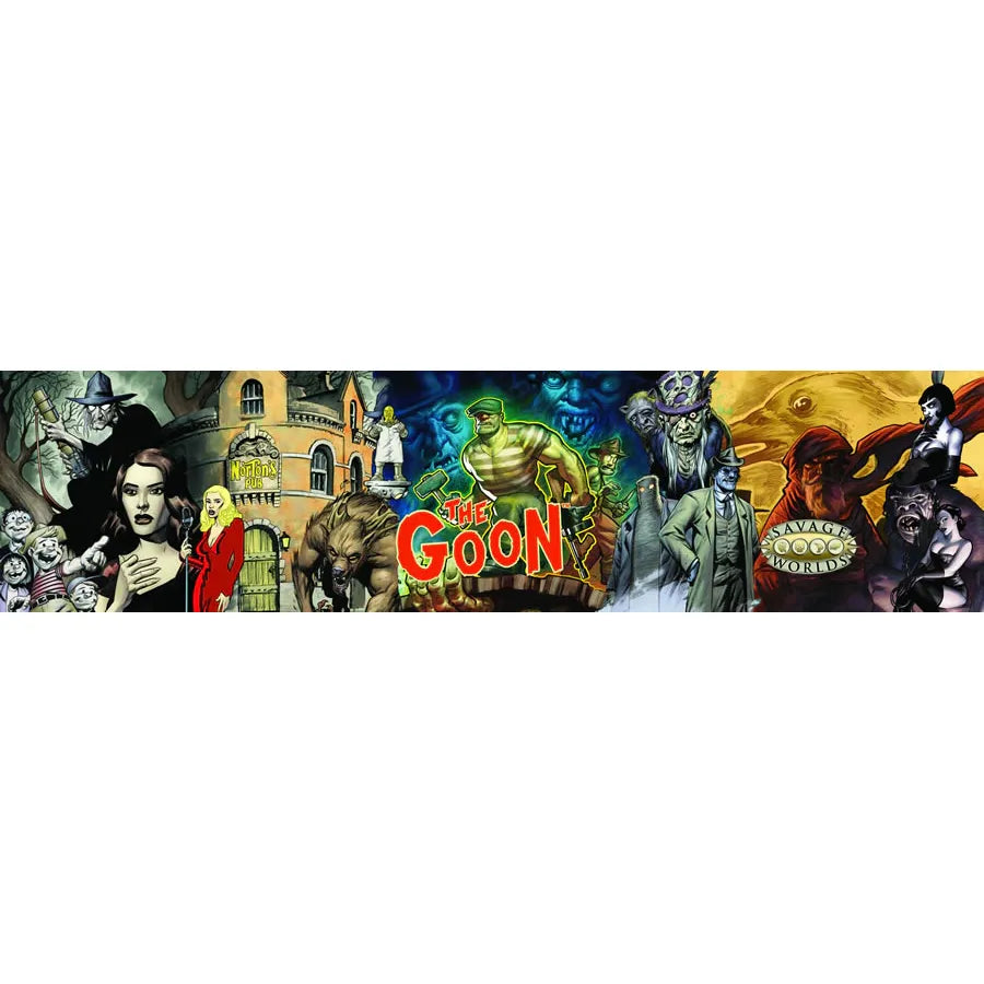 Studio 2 Publishing Goon GM Screen adventure RPG book with colorful illustrations and game reference charts.
