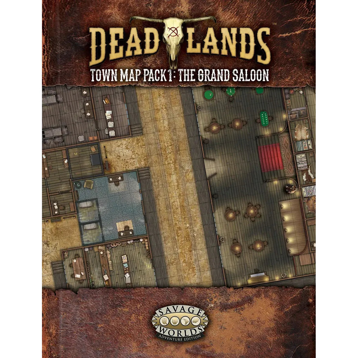 Deadlands RPG The Weird West Map Pack 1 Grand Saloon book by Studio 2 Publishing showing detailed western-themed map and illustrations.