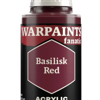 The Army Painter Warpaints fanatic acrylic bottle in Basilisk Red, 18ml, with a close-up of the red acrylic paint container.
