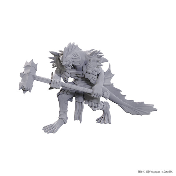 Unpainted D&D Nolzur's Marvelous Miniature of Sahuagin Coral Smasher by Wizkids, showing detailed fantasy ocean creature figurine