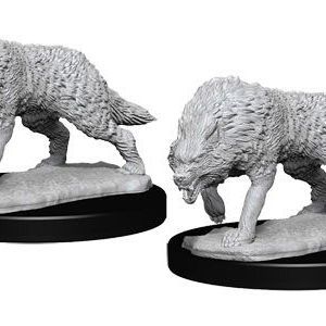Unpainted Wizkids Deep Cuts D&D miniatures featuring detailed Timber Wolves for tabletop gaming and collectible use.