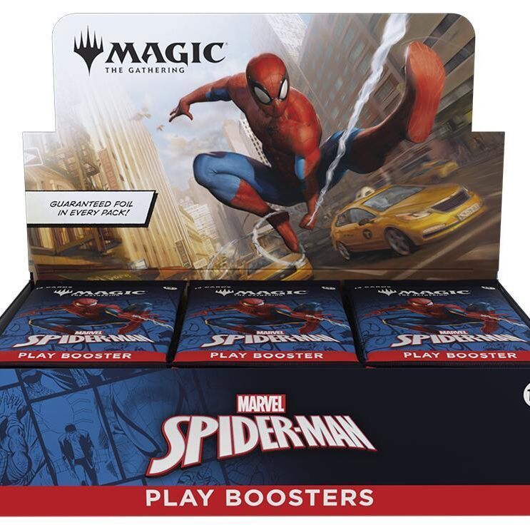 Full box of Wizards of the Coast MTG Universes Beyond Spider-Man Play Booster with booster packs and collectible cards inside.
