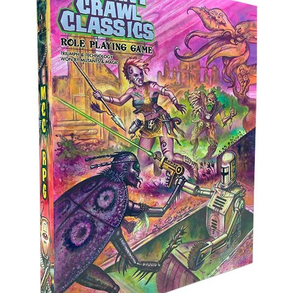Open MCC Core Rulebook softcover by Goodman Games showing detailed pages and colorful cover art.