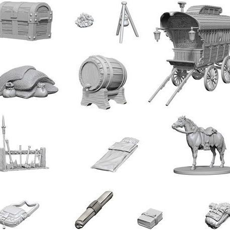 Unpainted D&D Nolzur's Marvelous Miniatures Wizkids W04 Adventurer's Campsite set with miniature figures on a camping scene.