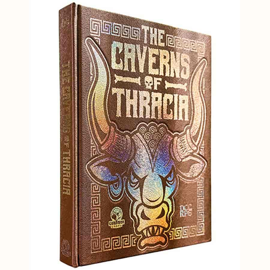 Cover of "The Caverns of Thacia" DCC RPG book by Goodman Games, featuring Minotaur hide artwork and fantasy-themed design.
