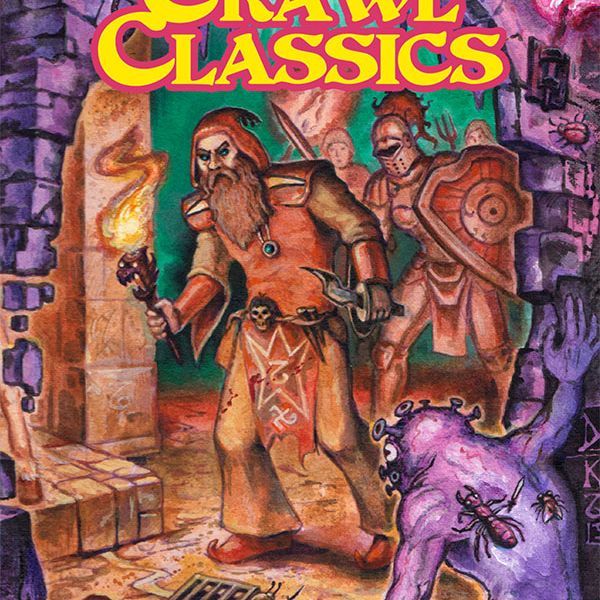 Open DCC RPG reference booklet by Goodman Games showing game rules and character tables on white background.