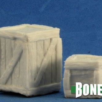 Reaper Miniatures Reaper: Crates set with large and small crates, detailed miniature storage props for tabletop gaming.