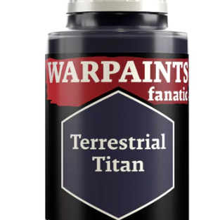 The Army Painter Warpaints Fanatic acrylic paint in 18ml bottle, Terretrial Titan shade, with a close-up of the label and product packaging.