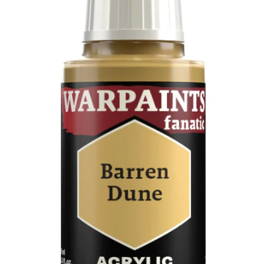 Bottle of The Army Painter Warpaints Fanatic acrylic paint in Barren Dune 18ml with label and color cap visible.