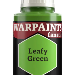 The Army Painter Warpaints Fanatic Leafy Green acrylic paint in 18ml bottle with green paint visible in the image.
