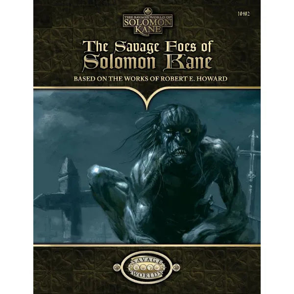 Book cover of "The Savage Foes of Solomon Kane" RPG by Studio 2 Publishing, featuring dark fantasy artwork and title text.