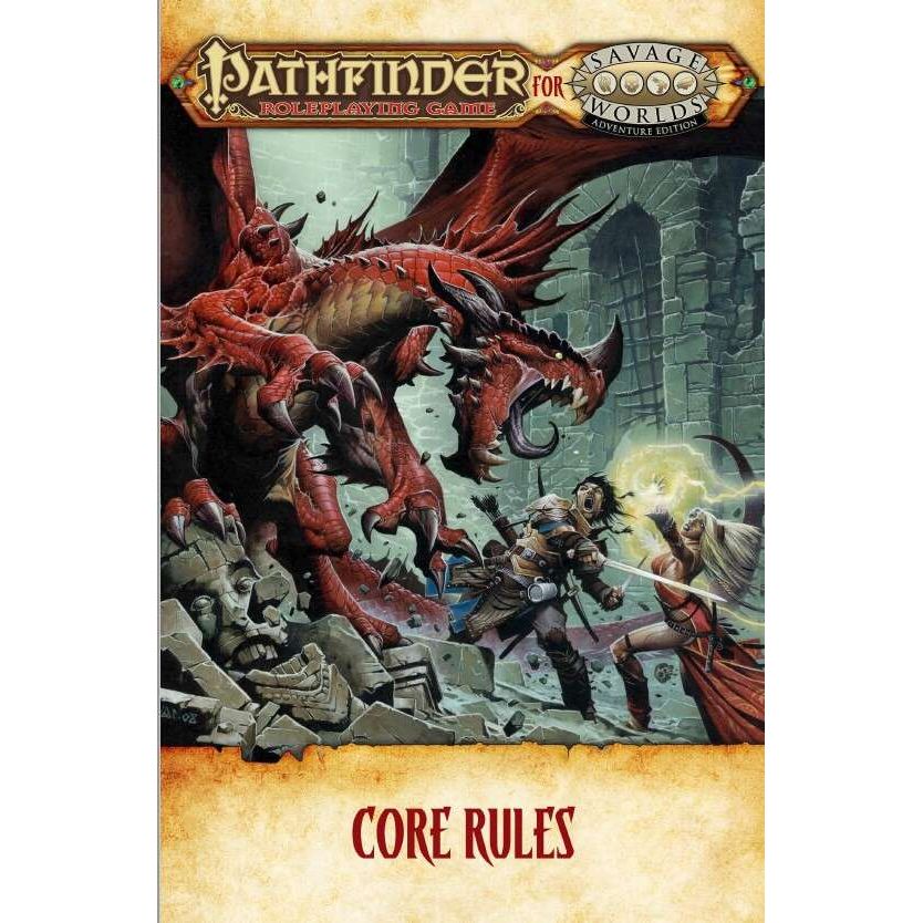 Savage Worlds Pathfinder core rules book by Studio 2 Publishing, featuring cover art and game design details.