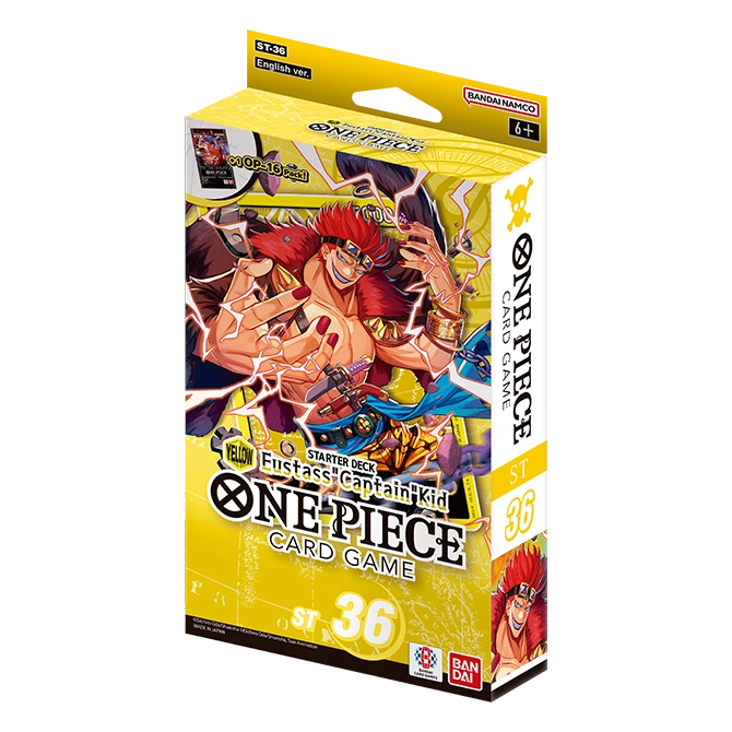 Bandai One Piece Starter Deck 36 Yellow Eustass "Captain" Kid trading card, featuring character artwork and deck details.