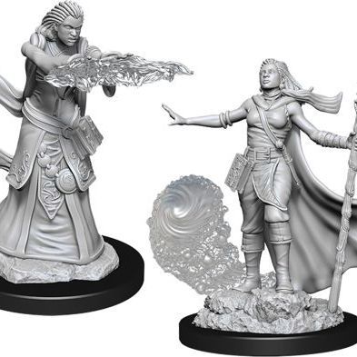 Unpainted D&D Nolzur's miniatures of Wizkids, human female wizard figure with detailed features for tabletop gaming and painting.