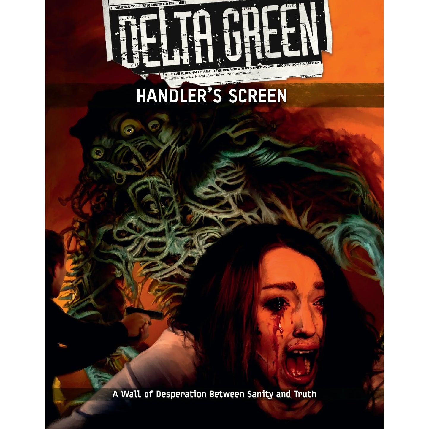 Delta Green RPG Handler's Screen book by Studio 2 Publishing, featuring detailed game reference sheets and artwork on the cover.