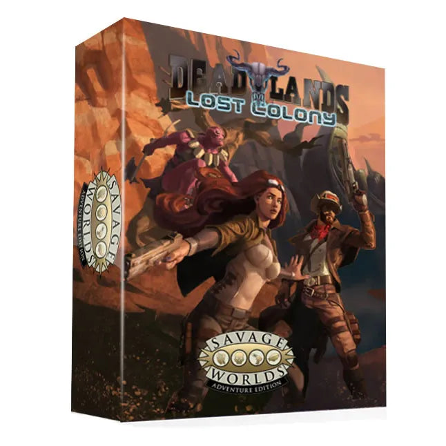 Deadlands Lost Colony RPG boxed set book by Studio 2 Publishing featuring cover art and detailed interior pages for the SWADE system.