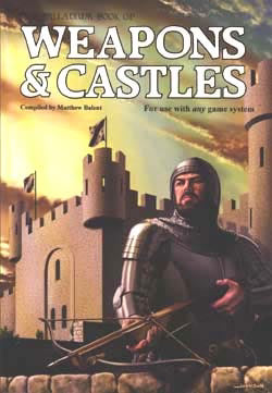 Close-up of "The Palladium Book of Weapons & Castles" RPG book by Studio 2 Publishing, showing detailed cover artwork and title.