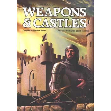 Close-up of "The Palladium Book of Weapons & Castles" RPG book by Studio 2 Publishing, showing detailed cover artwork and title.