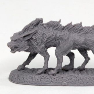 Reaper Miniatures Blood Wolf figurine from Reaper: Blood Wolf series, detailed sculpt of a fierce wolf with armor and weaponry.
