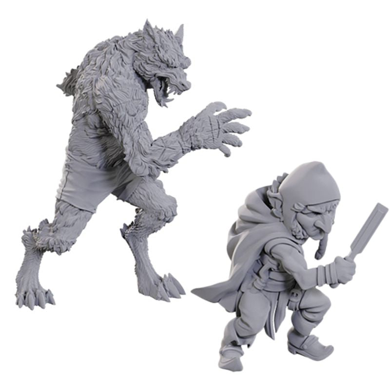 Unpainted D&D Critical Role miniatures by Wizkids featuring Chetney Pock O'Pea and a werewolf figure on a display base.