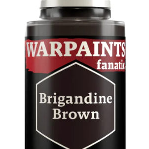 Bottle of The Army Painter Warpaints Fanatic acrylic in Brigandine Brown, 18ml, with a painted miniature in the background.