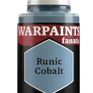 The Army Painter Warpaints Fanatic Runic Cobalt acrylic paint in an 18ml bottle with blue paint inside.