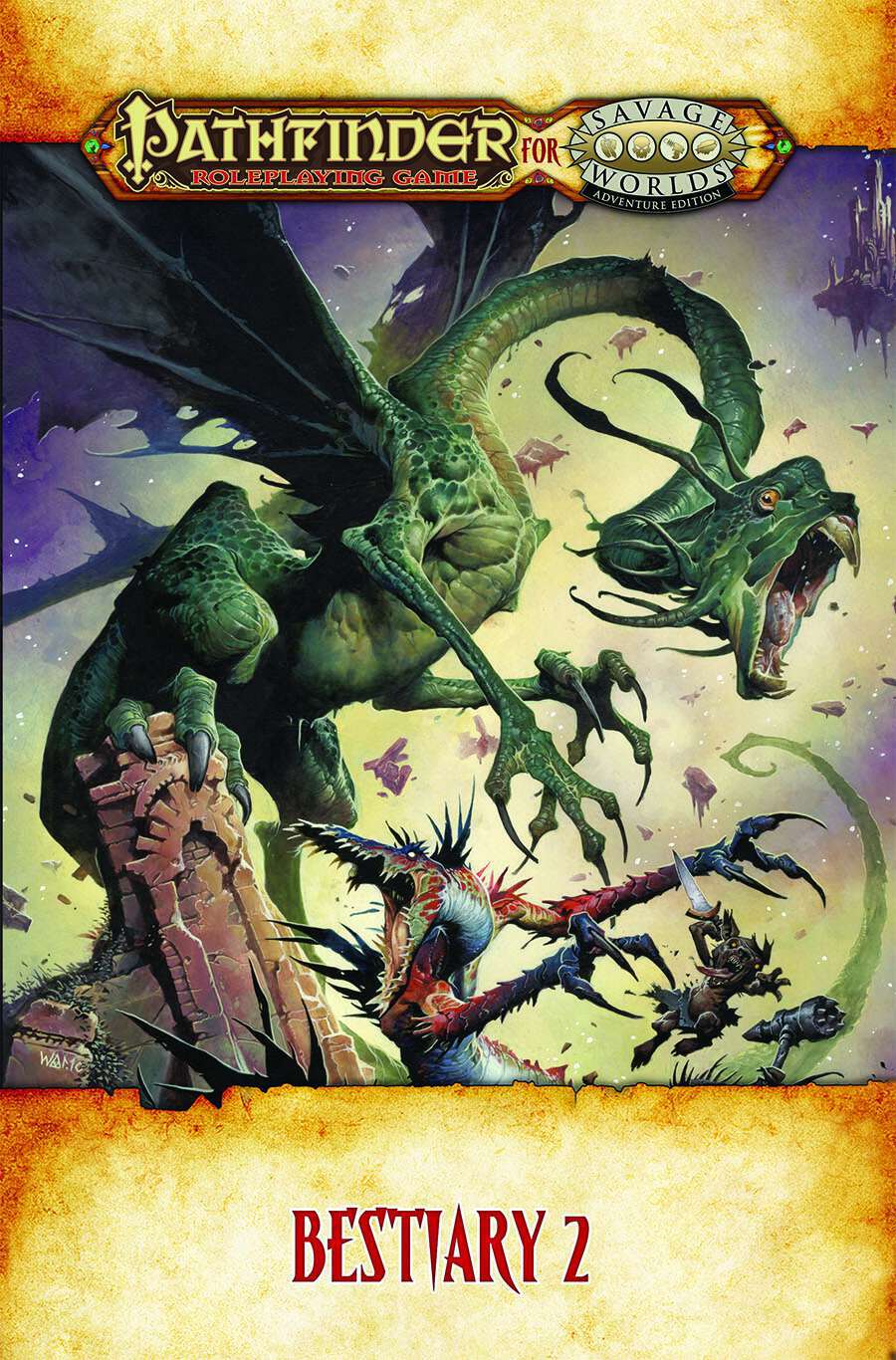 Studio 2 Publishing Pathfinder for Savage Worlds: Bestiary 2 RPG book with detailed monster illustrations and game content.