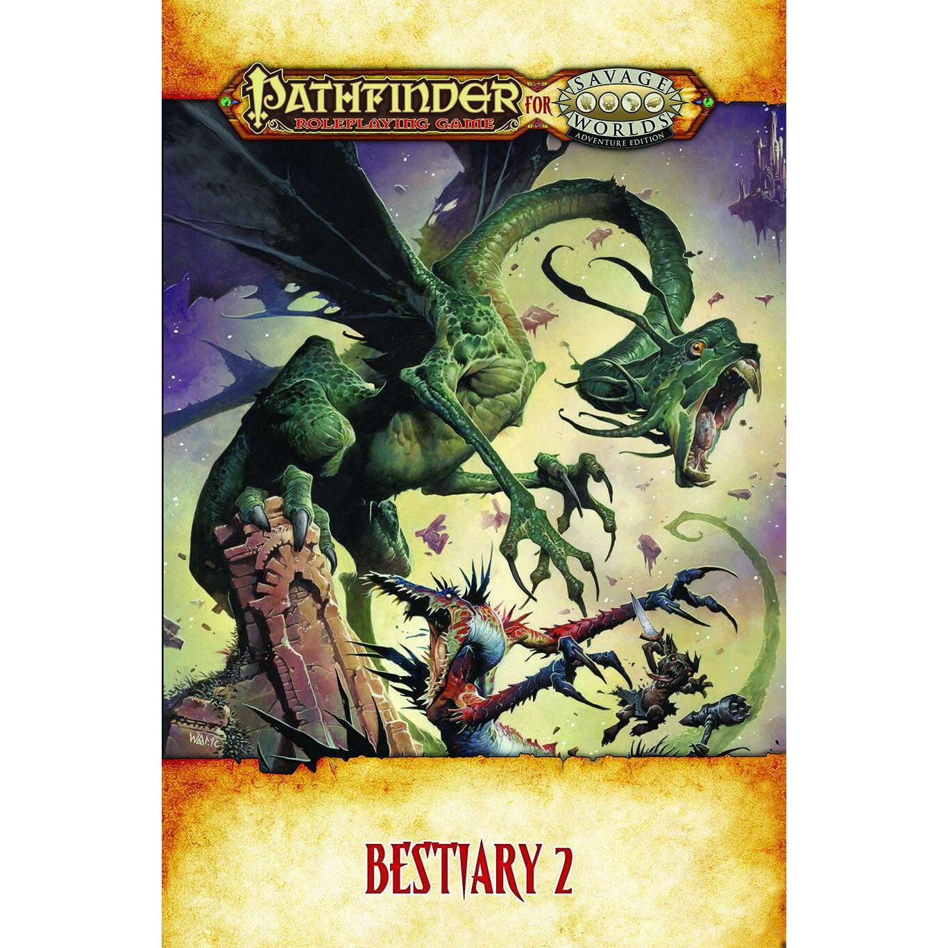Studio 2 Publishing Pathfinder for Savage Worlds: Bestiary 2 RPG book with detailed monster illustrations and game content.