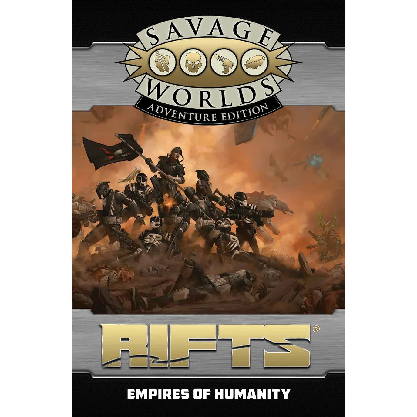 Savage Worlds Empires of Humanity book by Studio 2 Publishing, featuring cover art and pages from the RPG supplement.
