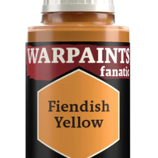 The Army Painter Warpaints Fanatic acrylic paint in Fiendish Yellow, 18ml bottle, with vibrant yellow liquid inside.