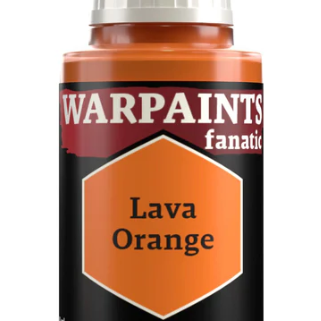 The Army Painter Warpaints Fanatic acrylic paint in Lava Orange, 18ml bottle with vibrant orange color and label visible.