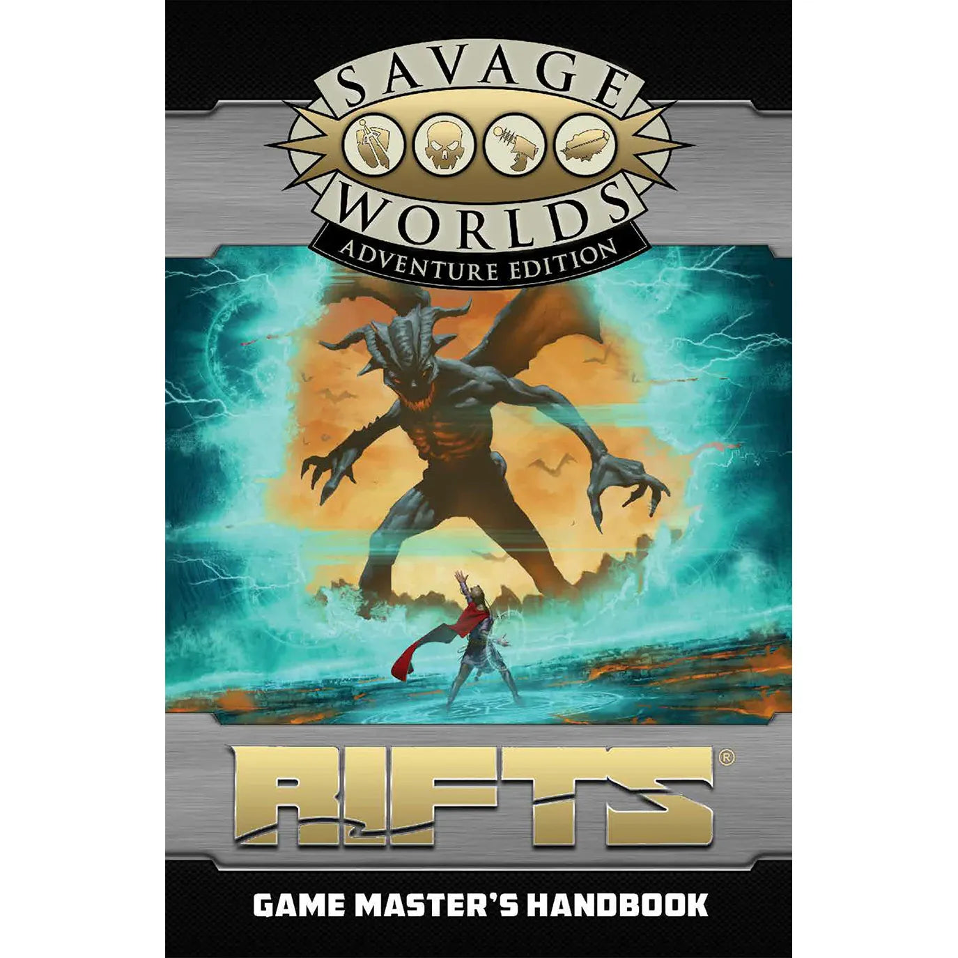 Studio 2 Publishing RPG book titled Rifts for Savage Worlds Game Master's Handbook Revised (SWADE) with cover art and spine visible.