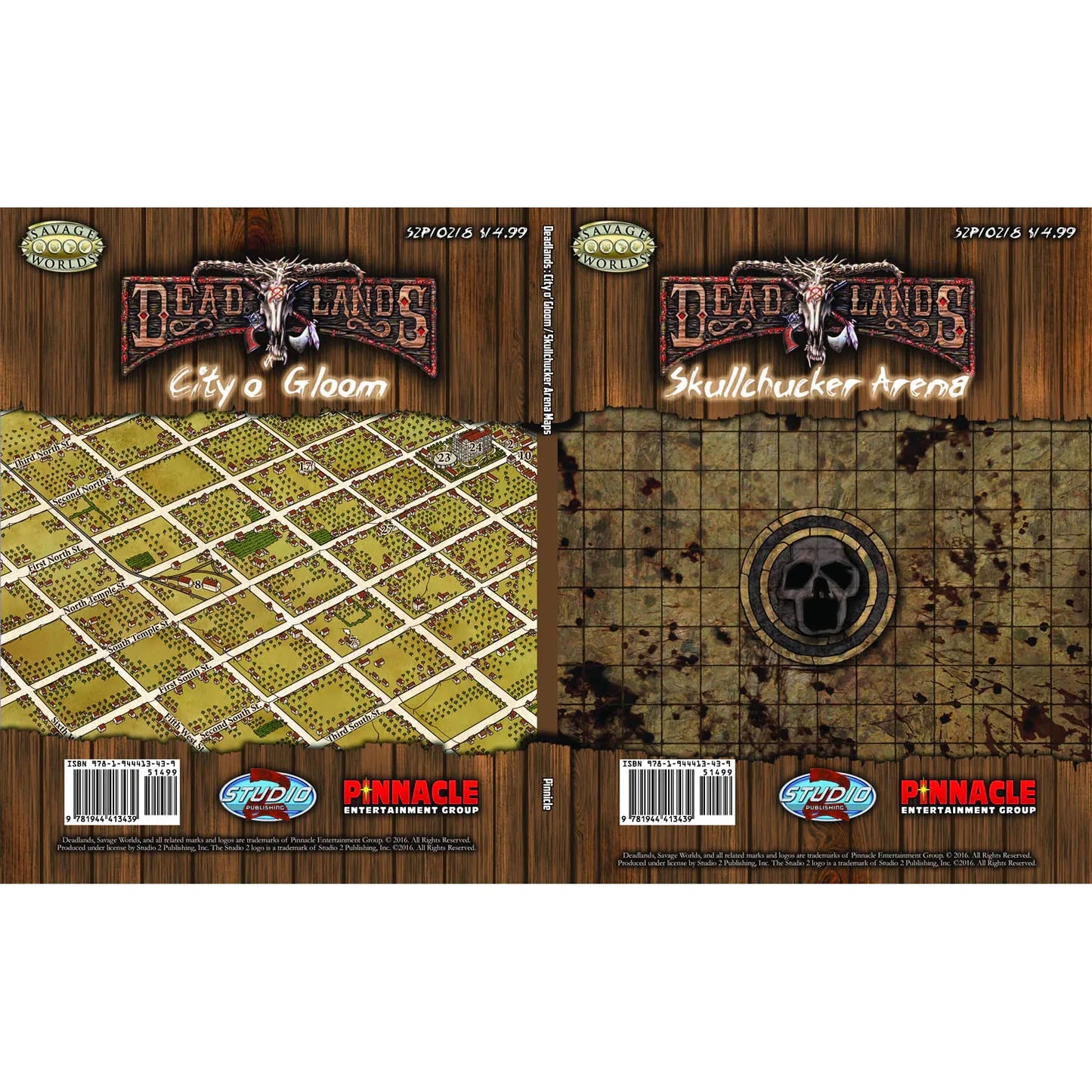 Deadlands Reloaded RPG City o' Gloom map book by Studio 2 Publishing showing detailed cityscape and map illustrations.