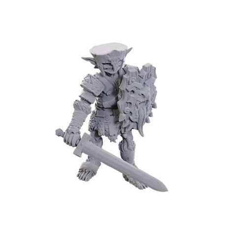 Unpainted Wizkids Pathfinder Deepcuts W24 Hobgoblin Soldier miniature with detailed armor and weapon, ready for painting or gaming.