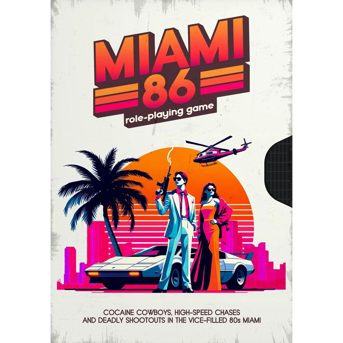 Miami 86 RPG book by Studio 2 Publishing, featuring 1980s Miami crime scenes, high-speed chases, and shootouts in a vibrant city setting.