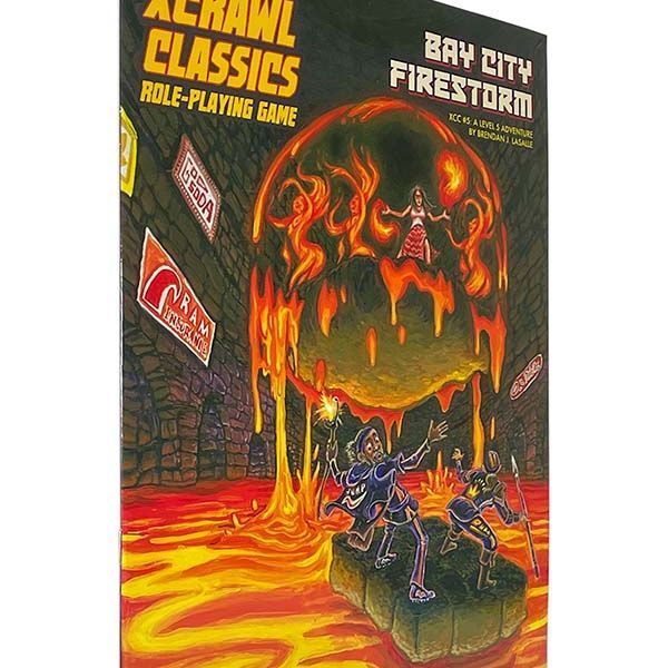 Bay City Firestorm RPG book by Goodman Games, featuring cover art of a city skyline with fiery explosions and dramatic scenes.