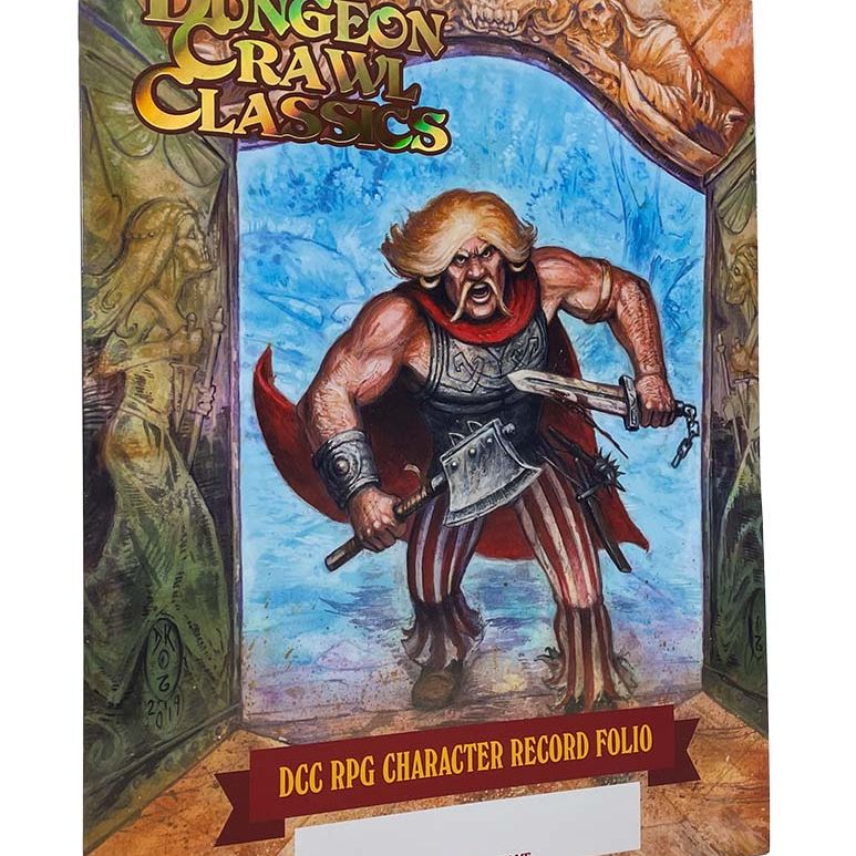 Open DCC RPG Character Record Folio by Goodman Games showing character sheets and organization pages for tabletop gaming.