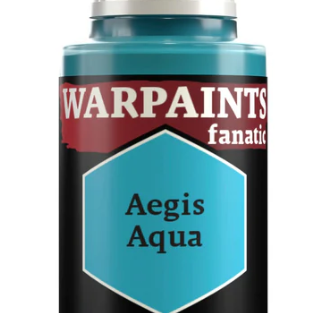 The Army Painter Warpaints Fanatic Aegis Aqua acrylic paint in 18ml bottle, featuring vibrant blue color for miniature gaming models.
